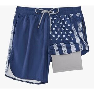 FT Fenteng Mens American Flag Running Shorts Compression Liner‎ Navy Blue L